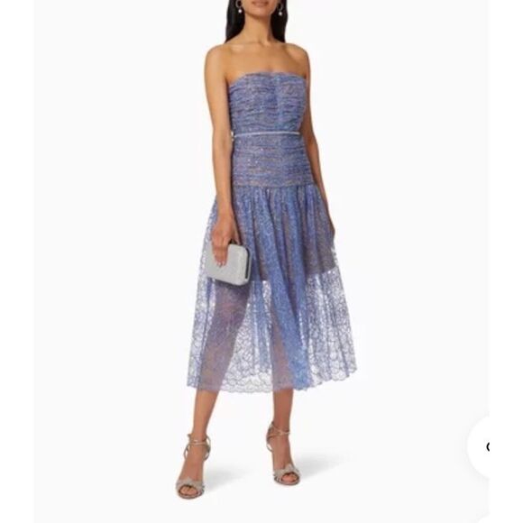 Self-Portrait Blue Strapless Lace Midi Dress US 4 Polyester Blend Cocktail - Picture 3 of 13